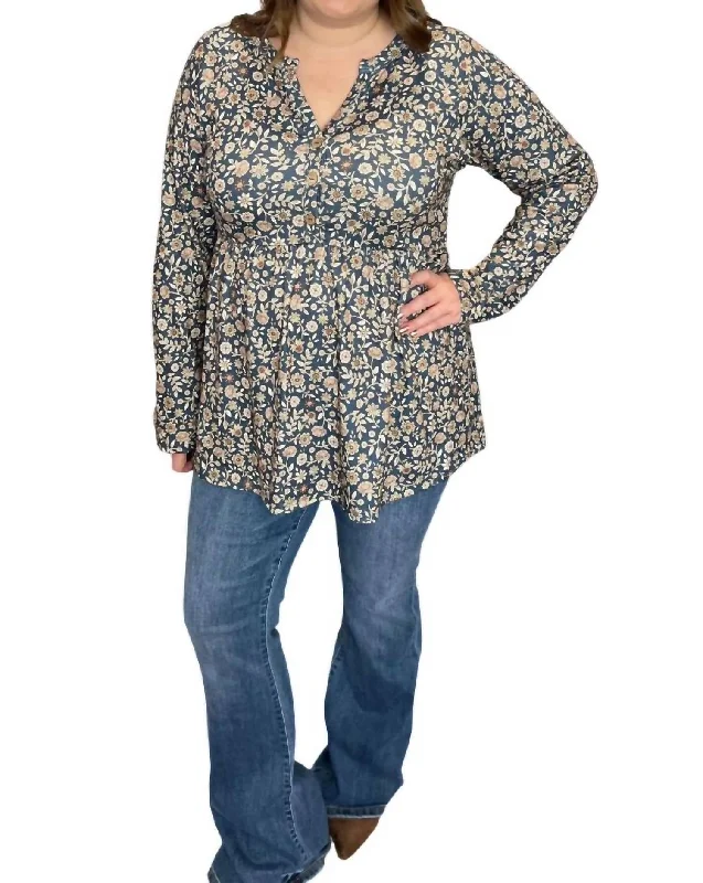 Floral Baby Doll Blouse In Dusty TealUV-Protection Shirts