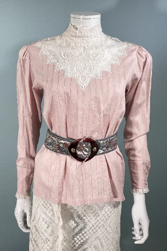 JG Hook Pink Vintage Victorian Style Granny Linen/Lace Blouse SZ 6 PetiteMetallic Shirts