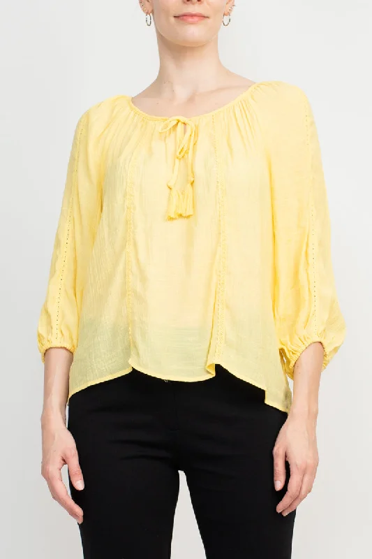 Zac & Rachel Scoop Neck Tie Neck 3/4 Sleeve Solid Crepe Chiffon Top