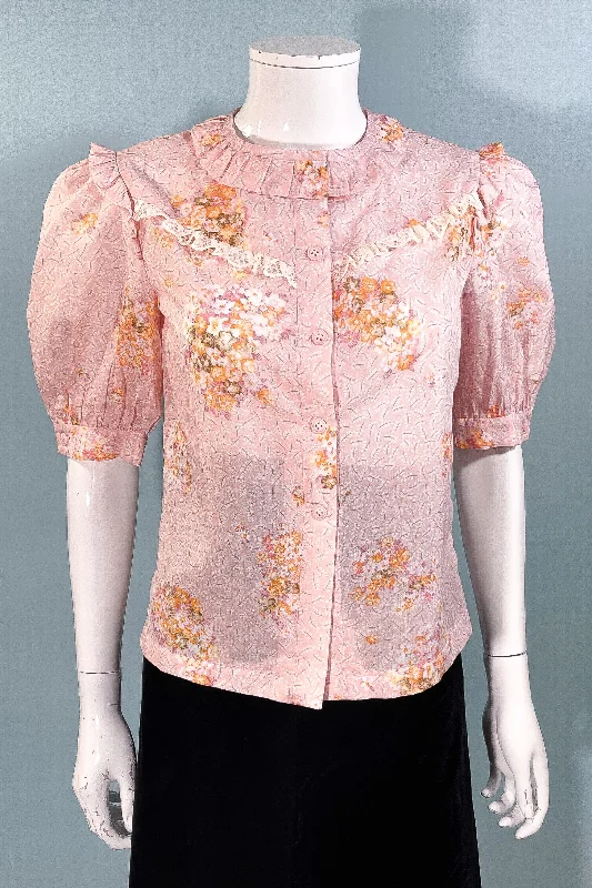 Sweet 70s Vintage Pink Floral 20s/30s Style Puff Sleeve Blouse, School Girl StyleGlitter Shirts