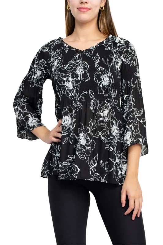 Floral + Ivy Scoop Neck 3/4 Sleeve Ruched Floral Print Top