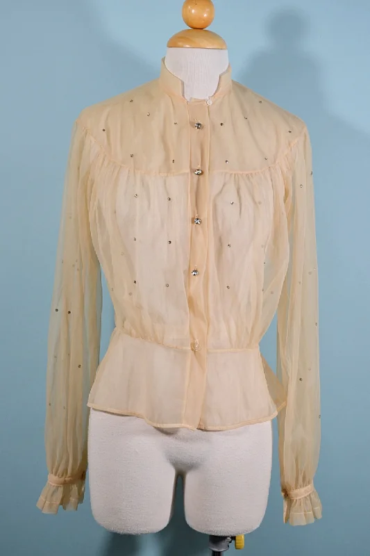 Vintage 40s Sheer Blouse with Rhinestones, Some Damage OK for Costume/Study/DisplayLace-Up Shirts