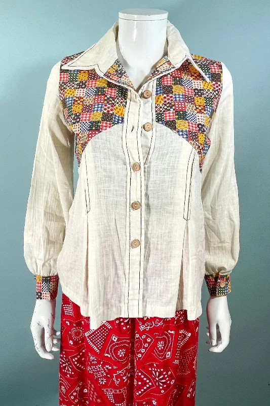 Vintage 70s Faux Patchwork Blouse, 60s Hippie Blouse/TopPainted Shirts