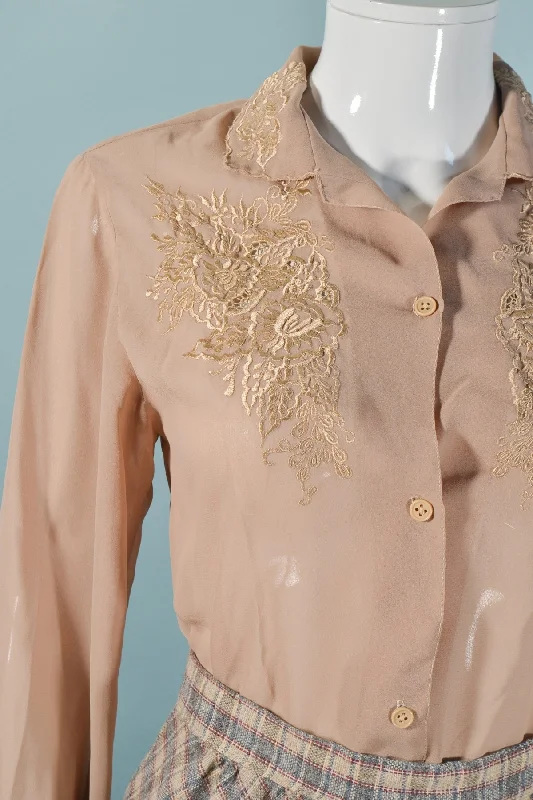 Vintage 70s Taupe Embroidered BlouseLayered Shirts