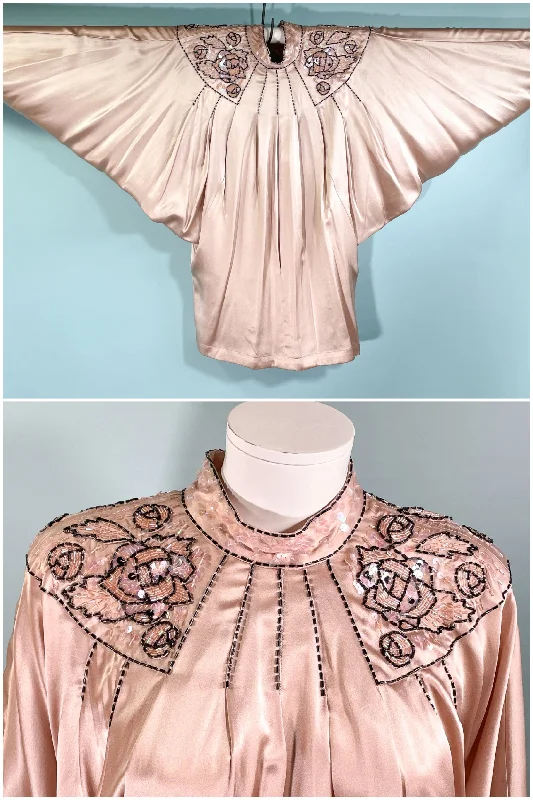 Vintage 80s Does 40s Beaded Blush Satin Blouse, Mercedes & Adrienne SZ 8Sheer Shirts