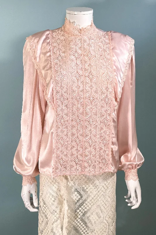 Vintage Pink Victorian Granny Style Blouse, Lace Details by Illusions MLeather-Paneled Shirts