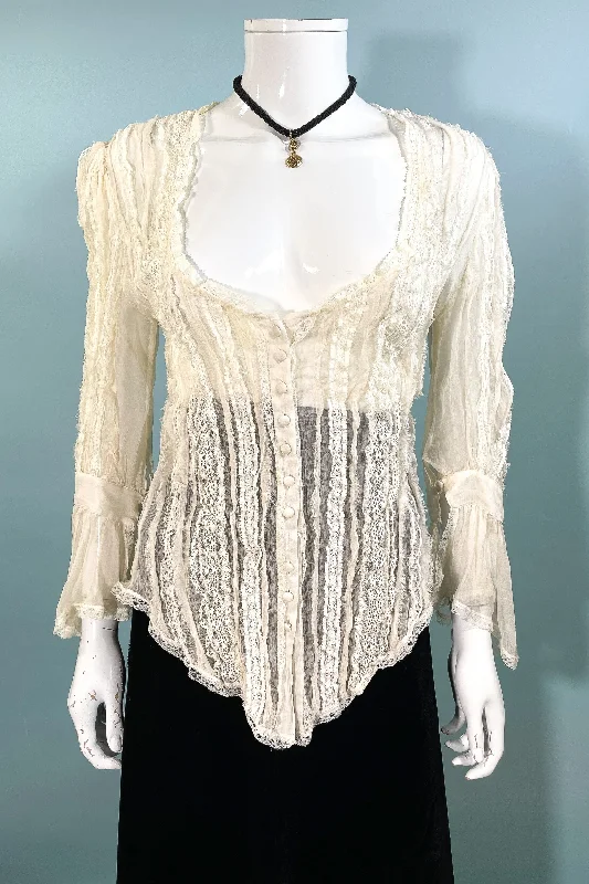 SOLD Vintage Silk Medieval Wench Style Semi Sheer Lace BlouseBeaded Shirts